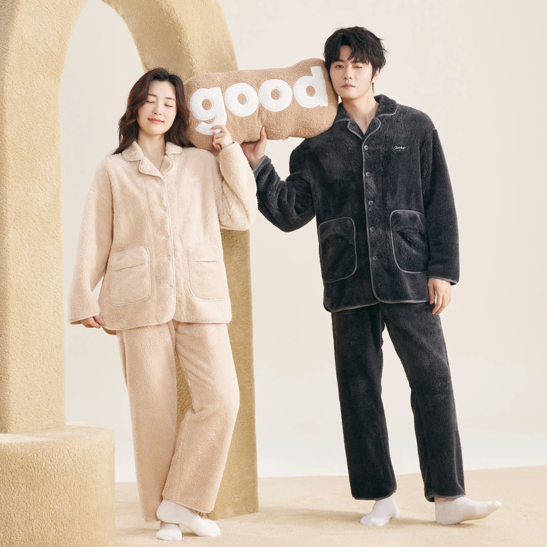 红豆居家服泡泡绒睡衣女士冬季情侣秋冬款男士加绒加厚保暖套装女