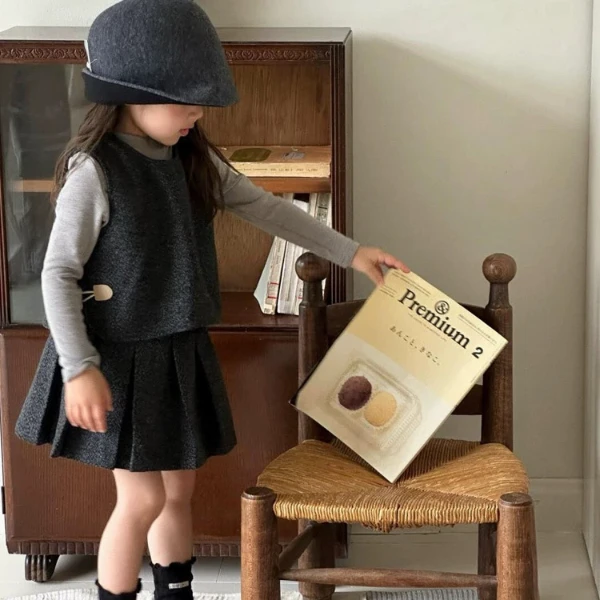 女童套装2024新款洋气时髦小女孩小香风呢子马甲时尚百褶裙半身裙