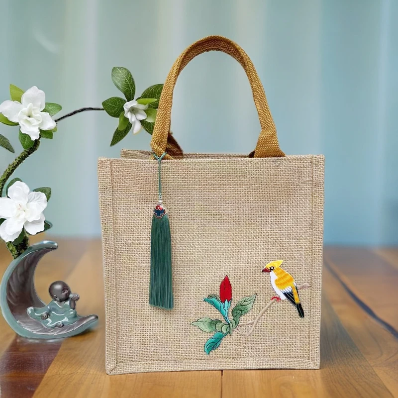 鸟语花香刺绣收纳黄麻包内带防水隔层高级百搭文艺清新复古风女款