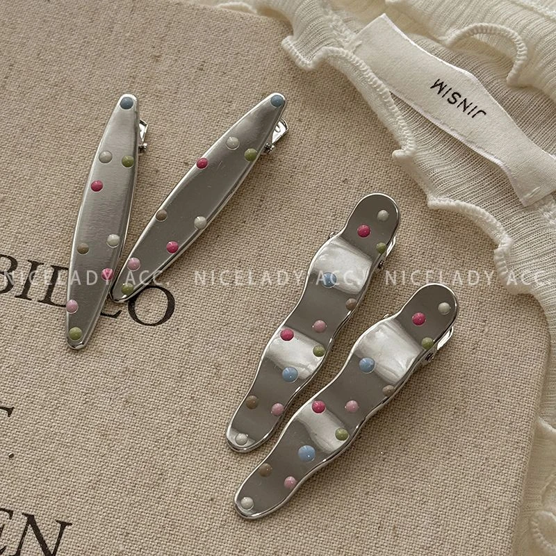 彩色波点点滴油发夹银色金属发卡2025新款鸭嘴夹侧边刘海夹子头饰