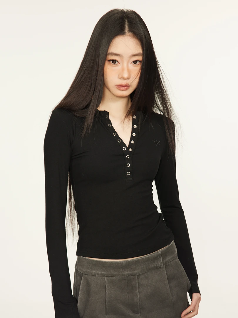 OVZE 美式复古修身长袖打底衫女2024新款春季显瘦辣妹内搭上衣