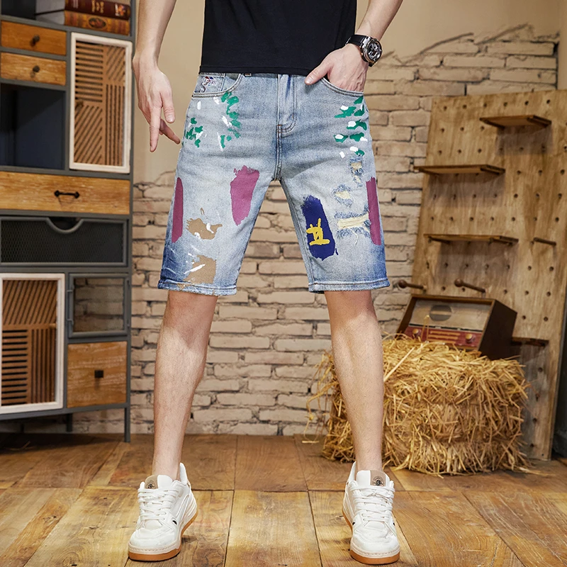 高品质潮流牛仔裤泼墨潮牌破洞补丁牛仔短裤男直筒百搭五分中裤男