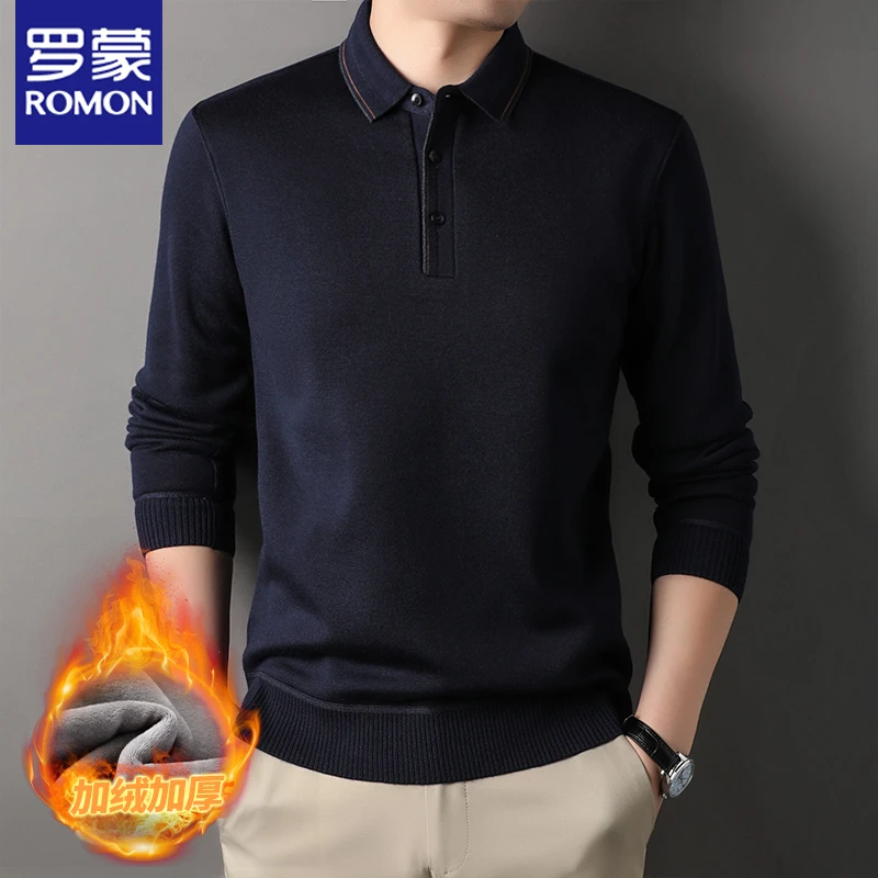 罗蒙新款秋冬男士长袖翻领含绵羊毛针织衫商务休闲加绒保暖毛衣