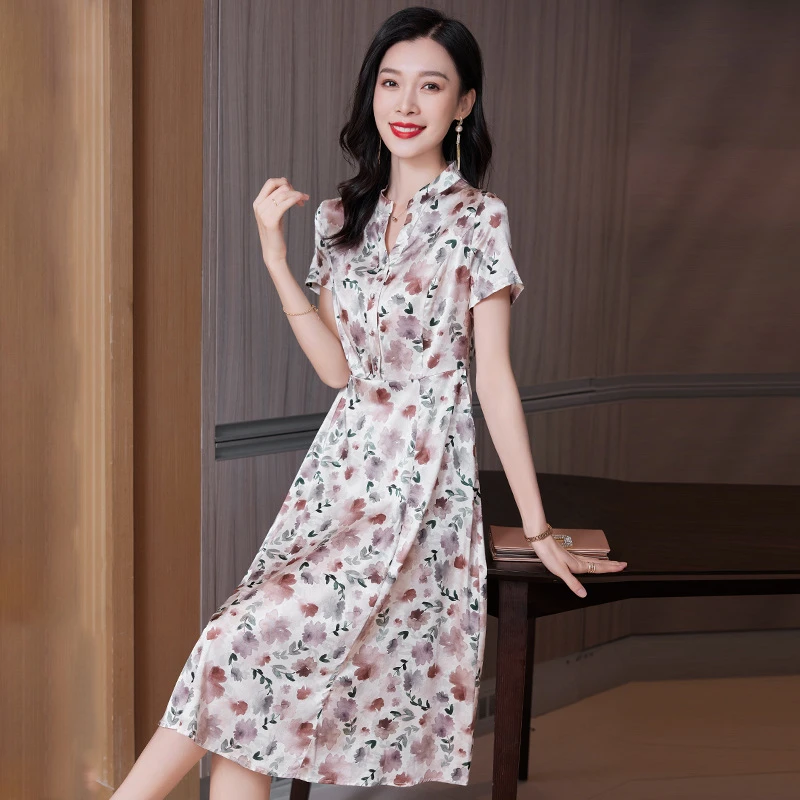 重磅丝绸真丝连衣裙2025显瘦洋气短袖印花V领修身桑蚕丝中长裙子