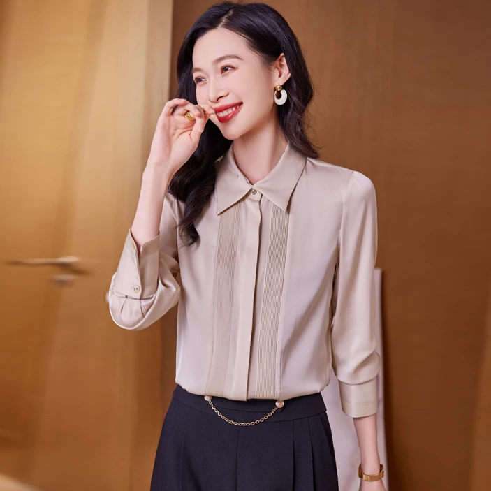 重磅真丝女职场轻熟风通勤长袖春夏新款设计感小众缎面桑蚕丝上衣