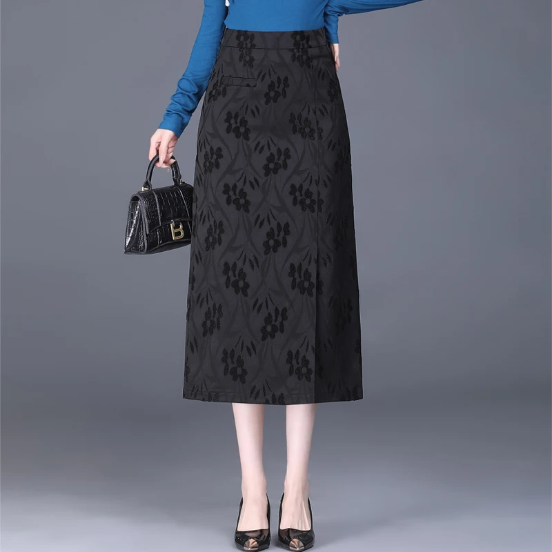 提花包臀裙气质长裙春秋复古半身裙女中年开叉裙子高腰显瘦一步裙