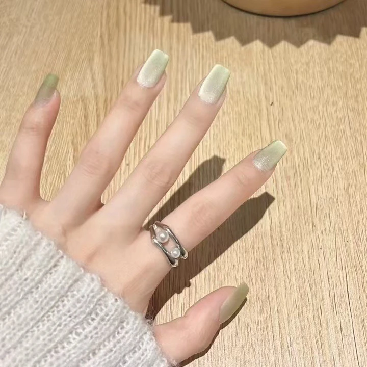 508-【雨水】春日新款美甲青提奶绿丝绒磨砂猫眼款穿戴美甲贴片30片