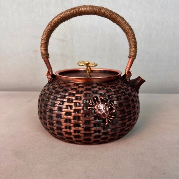 1升铜壶紫铜錾刻编筐螃蟹烧水壶做旧铜壶