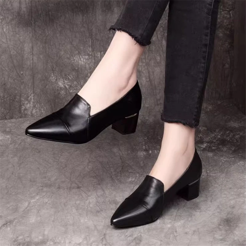 2025春秋季新款尖头粗跟高跟鞋单鞋女春秋真皮夏季女鞋中跟小皮鞋