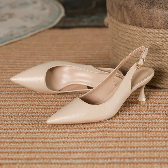 尖头后空细跟浅口高跟鞋女2025春夏季韩版新款一字带法式包头凉鞋
