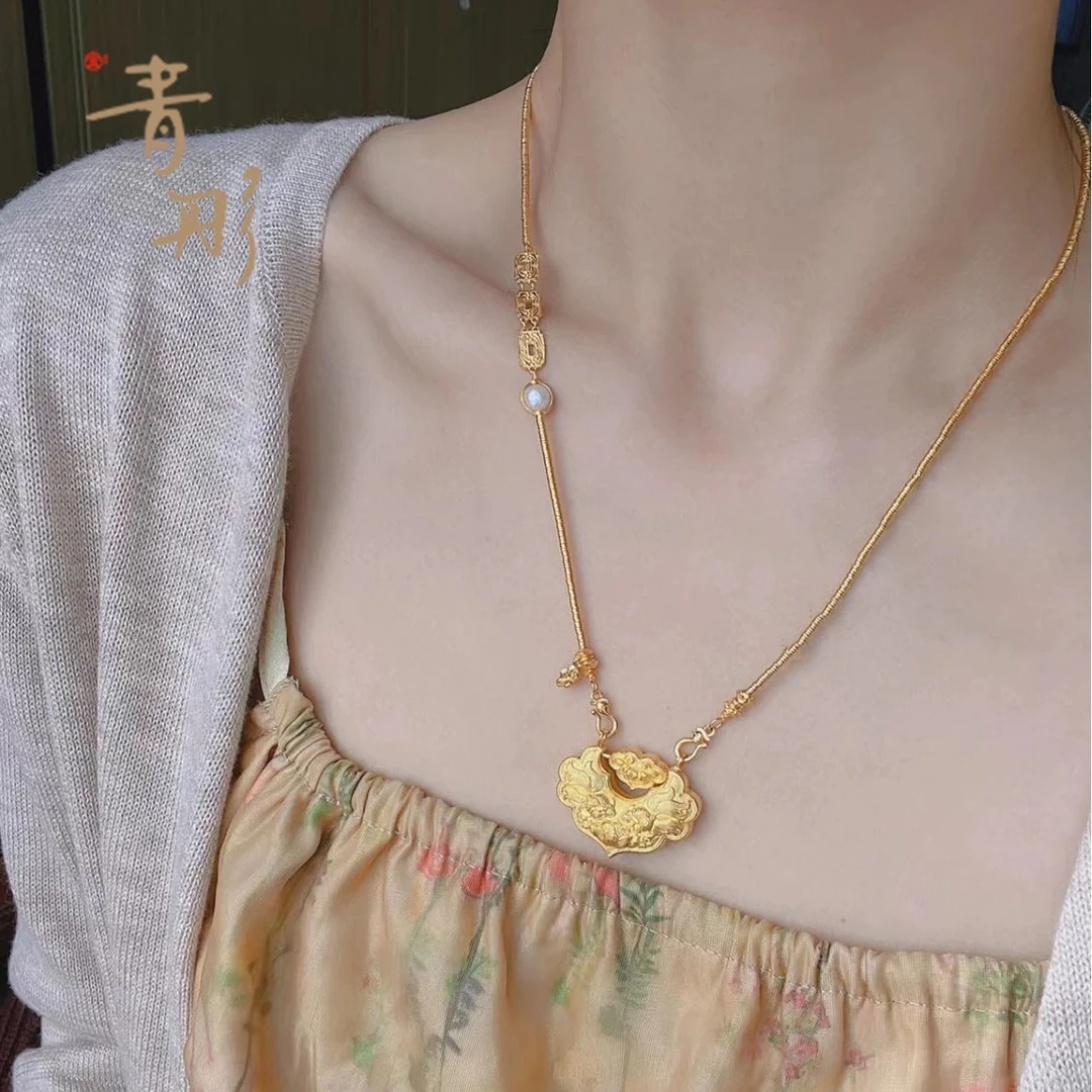 铜合金吊坠  锦鲤平安锁包项链女金锁吊坠长命锁黄金色如意锁