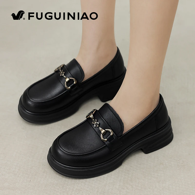 富贵鸟爆款黑色一脚蹬粗跟小皮鞋厚底乐福鞋女2024新款秋季女鞋子