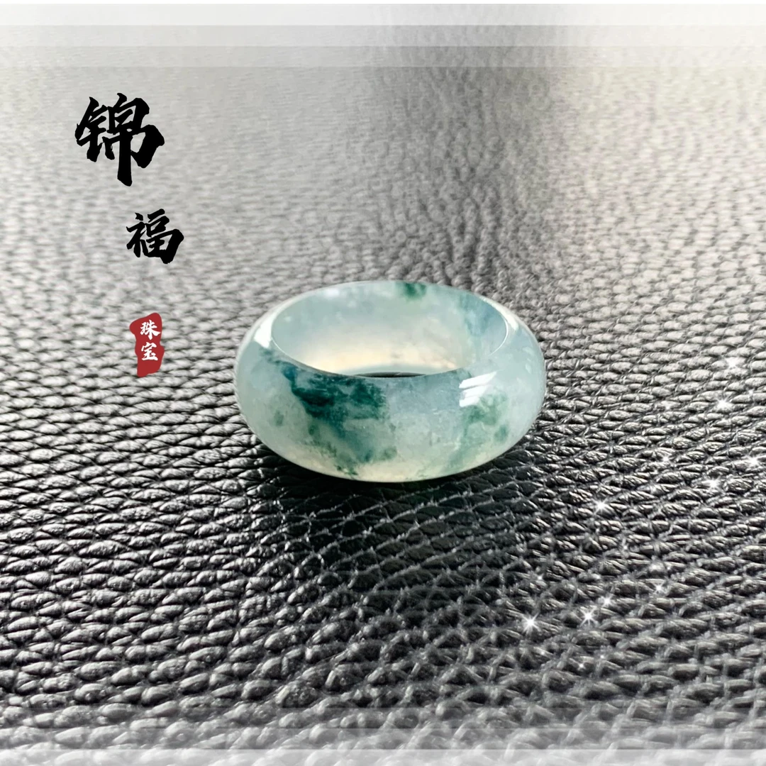 锦福珠宝天然A货缅甸翡翠冰飘花轮胎戒圈15号圈口山水风格男女款