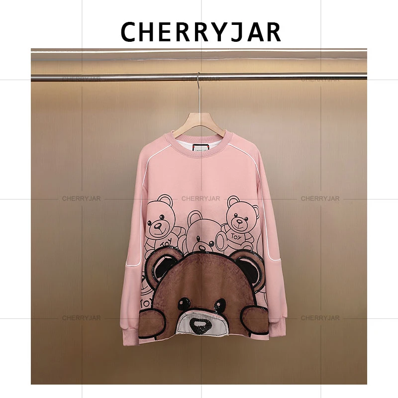 Cherryjar【10657】时尚女士卡通小棕熊印花亮片刺绣宽松卫衣圆领