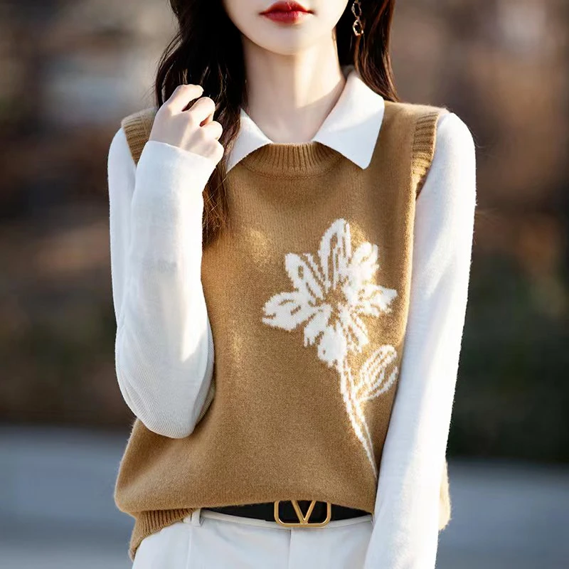 爆款2024新款百搭羊毛羊绒马甲女圆领提花针织无袖背心套头上衣