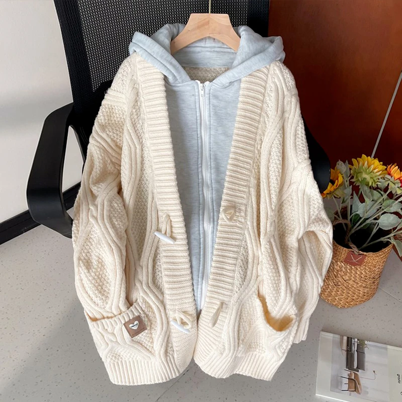 假两件连帽羊绒外套2024新款女秋冬宽松慵懒风中长款羊毛针织开衫