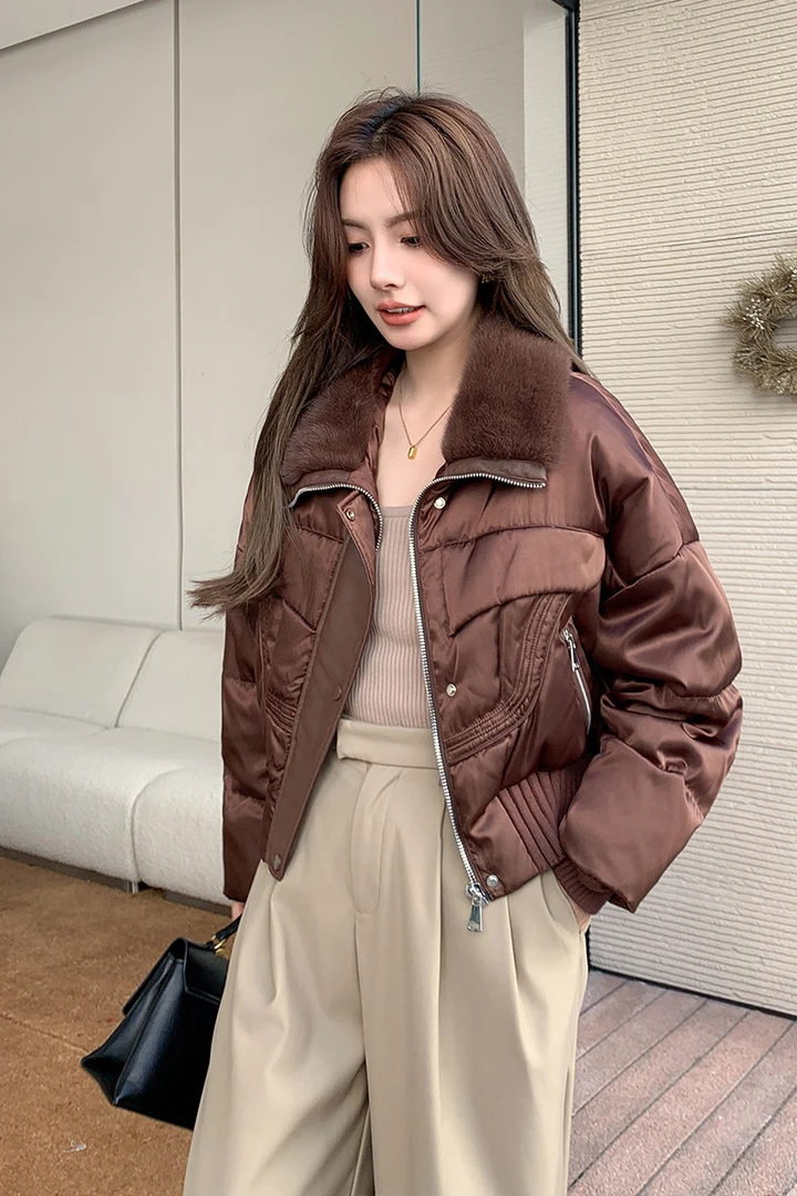 2023年新款水貂毛领皮草鹅绒服外套女短款休闲洋气女装上衣海宁