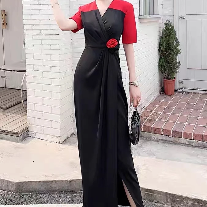 【高端定制·小众设计】V领拼色减龄时尚高腰修身开叉连衣裙83382