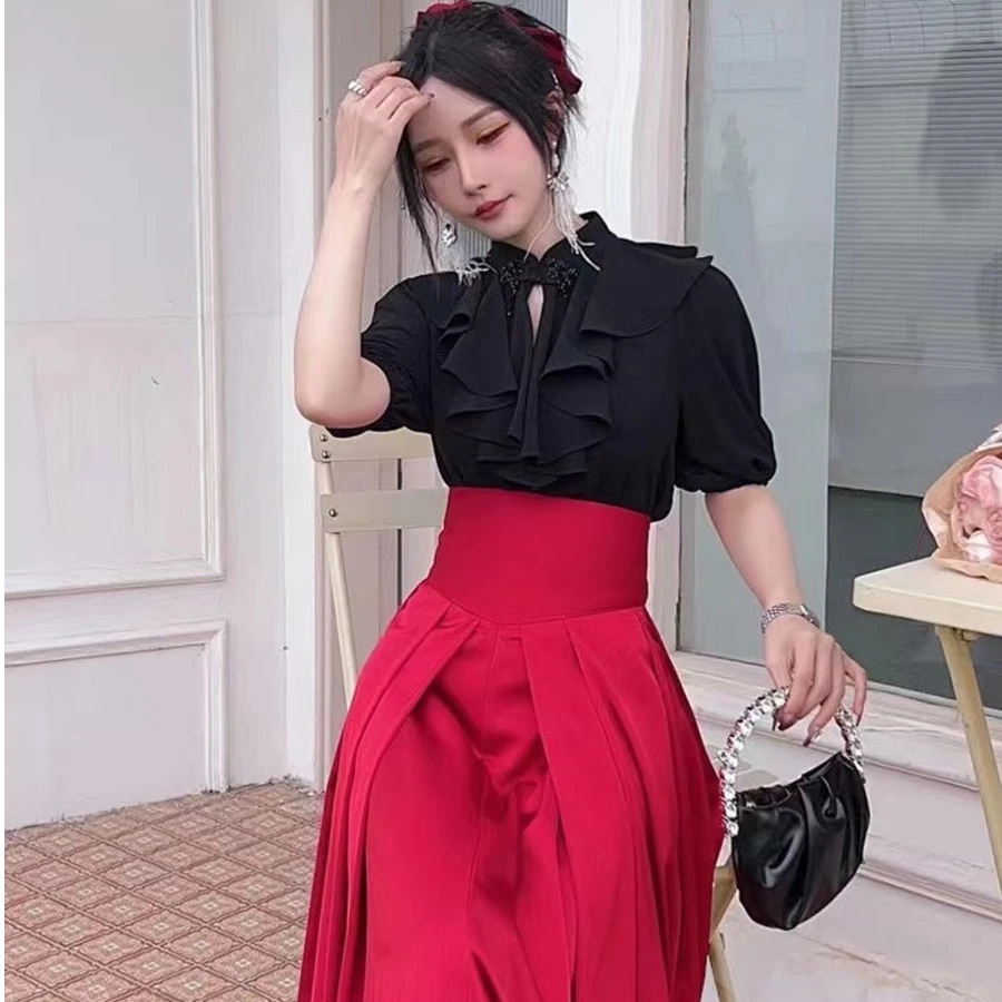 轻奢钉珠国风盘结扣荷叶领短袖衬衫女上衣61033