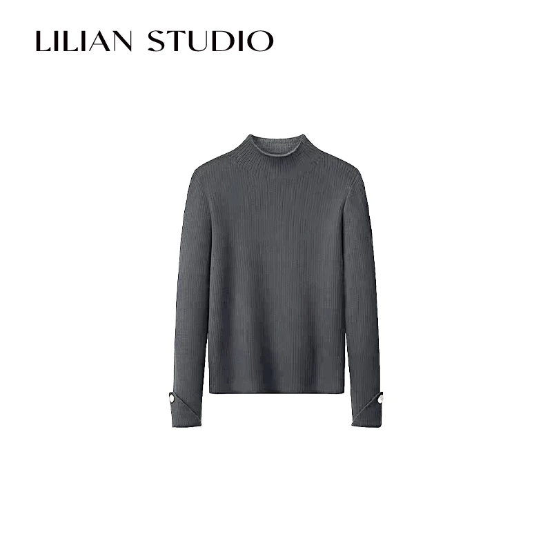 莉莉 Lilian  设计感薄绒半高领坑天针织衫24秋冬百搭时髦内搭女