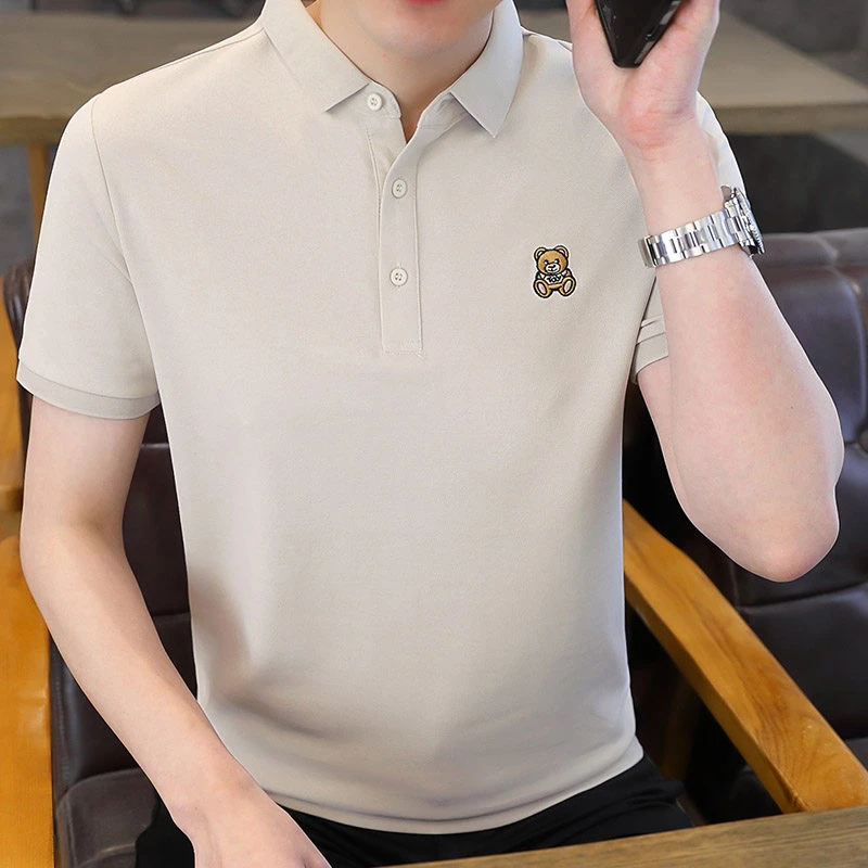 高品质小熊刺绣短袖POLO衫男潮牌男装新款夏季青年翻领t恤半袖T男