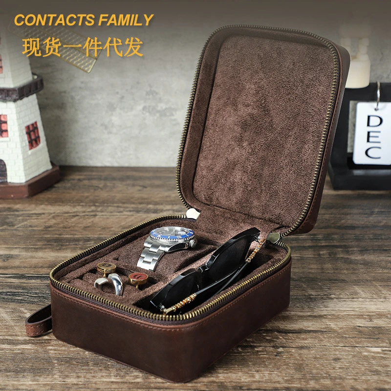 首饰盒/箱 复古疯马牛皮多功能旅游便携式眼镜手表饰品收纳盒防摔