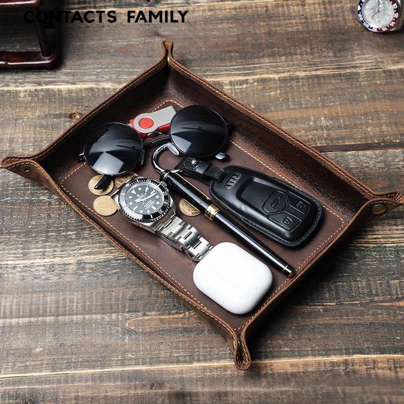 contacts family办公桌面收纳盒疯马皮方形创意托盘复古真皮保护