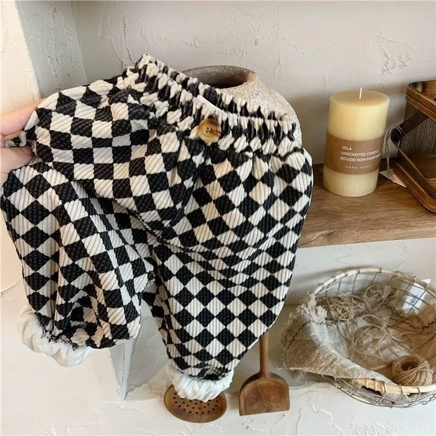 男女童裤子加绒秋冬新款加厚百搭格子灯芯绒爆款休闲韩版束脚裤子