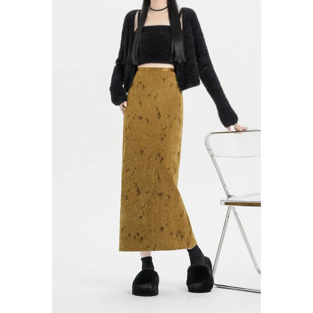 冬季时尚爆款女装慵懒风复古气质纯色松紧带高腰修身设计感直筒裙