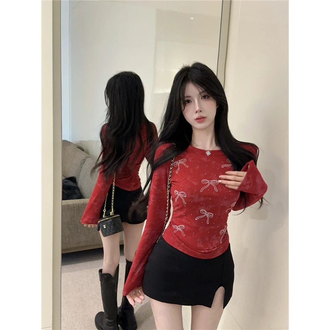 秋季新款时尚法式复古甜美气质扎染蝴蝶结烫钻圆领设计感修身上衣