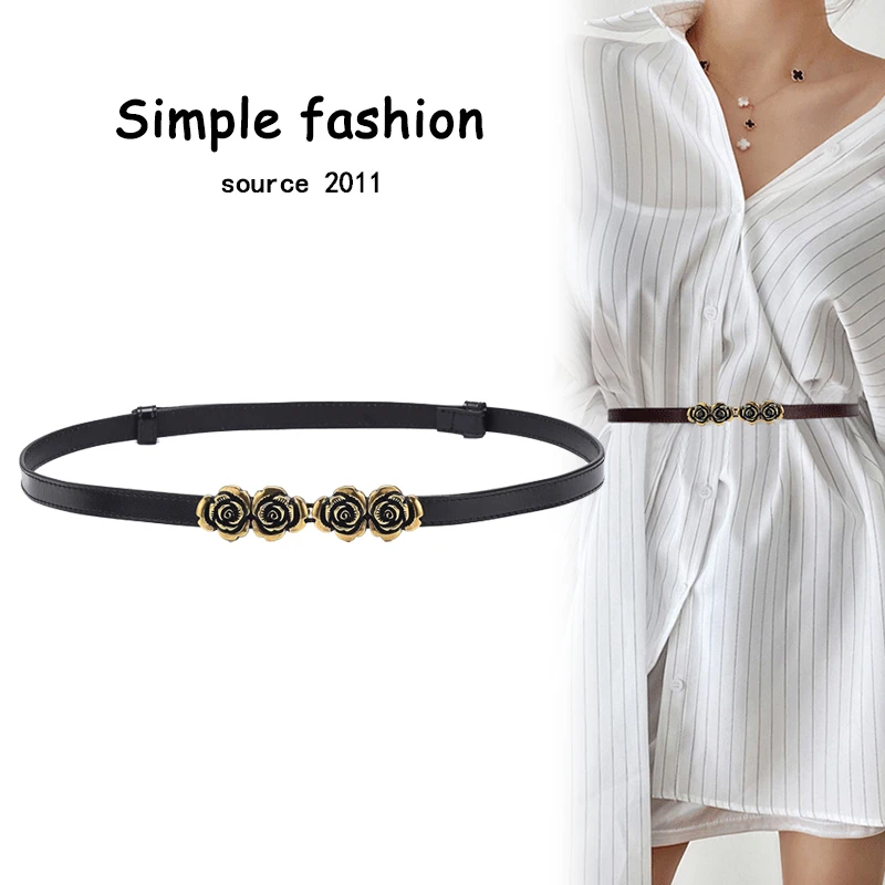 真皮腰带装饰西装连衣裙免打孔腰封复古玫瑰花毛衣百搭皮带小香风