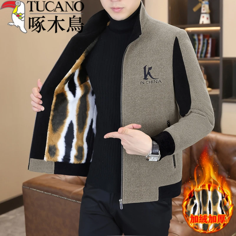啄木鸟秋冬季毛呢外套短款青年帅气休闲加绒加厚立领夹克男士外套