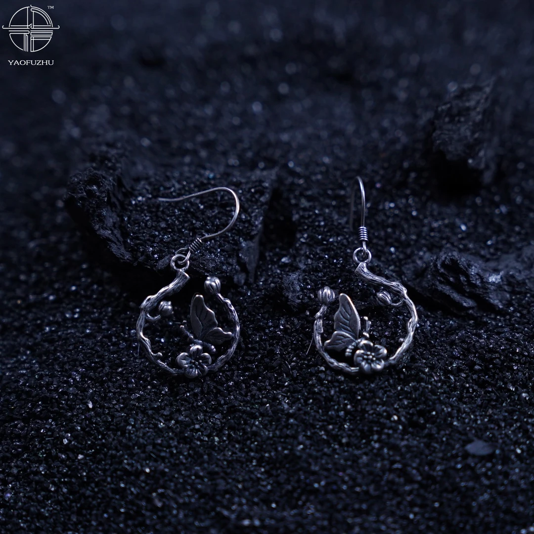 盘王印 925银耳饰 个性古风树枝蝴蝶复古素款做旧民族风气质耳坠