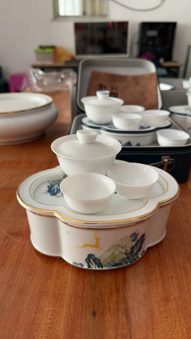 潮汕茶盘陶瓷茶盘手工家用小茶盘旅行套装4只杯子瓷盖碗茶道