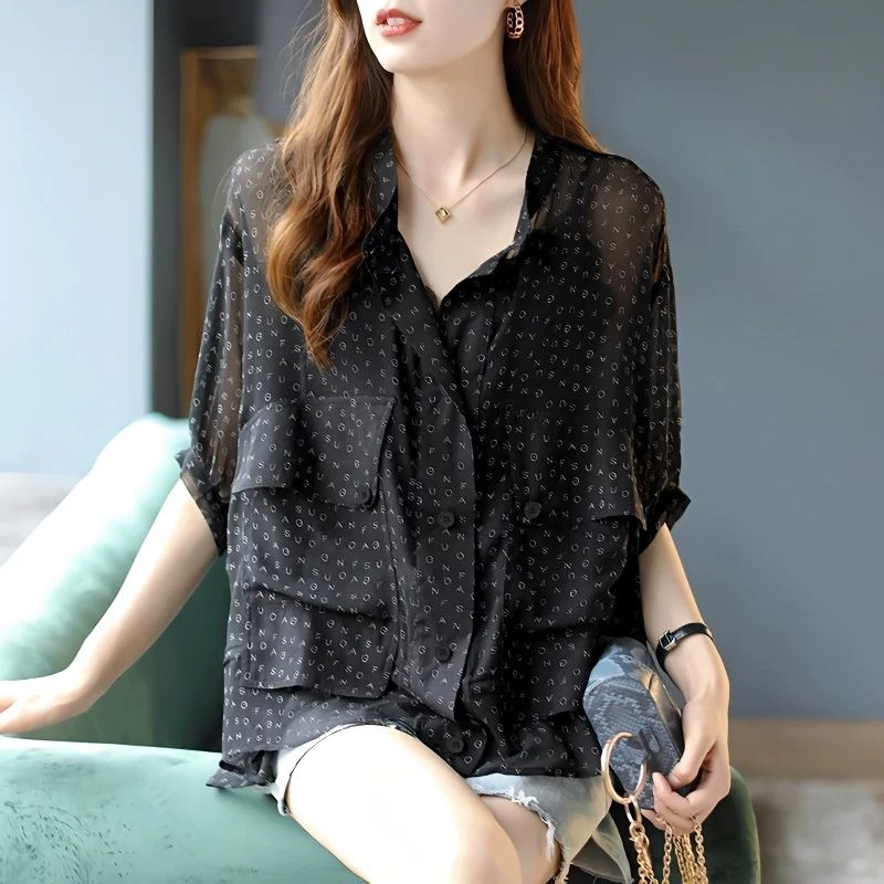 2025春夏新款五分袖雪纺衫上衣字母印花外套宽松薄款防晒衣女短袖