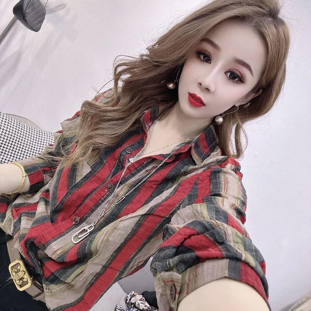 港风爆款宽松显瘦百搭长袖衬衫女2025春秋新款POLO领条纹外穿上衣