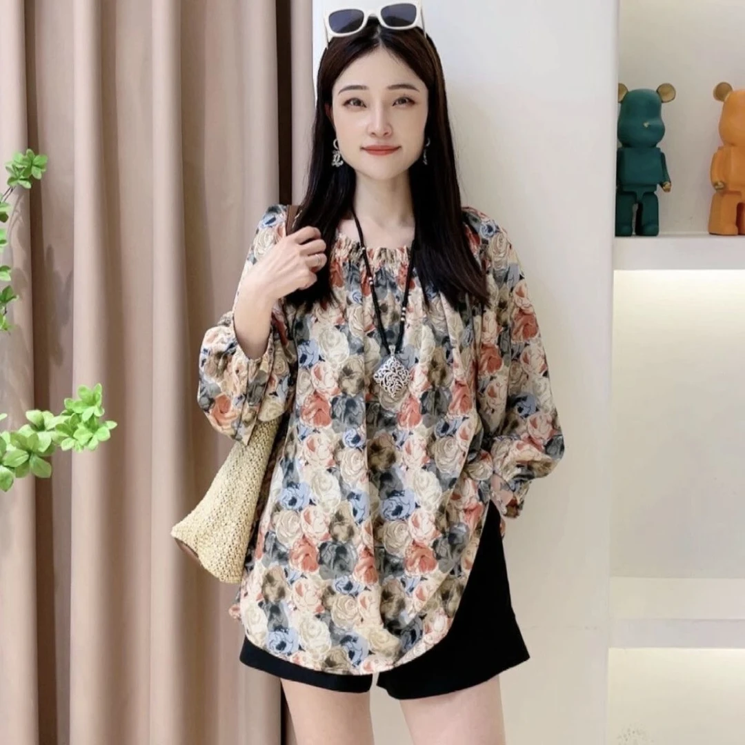 复古文艺一字肩上衣2025春季新款气质宽松显瘦时尚印花雪纺衫爆款