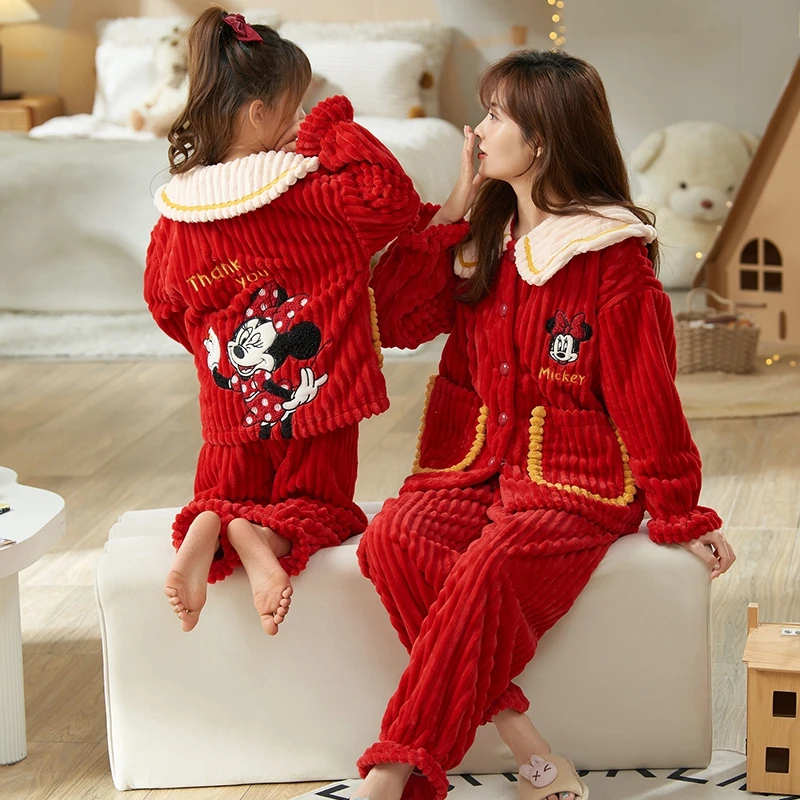 儿童睡衣女童法兰绒冬季加厚抗条珊瑚绒中大童亲子母女家居服套装