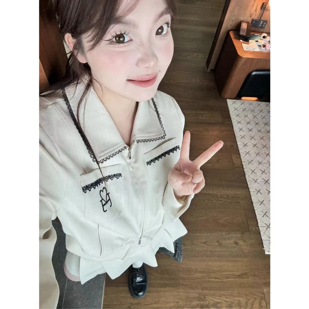 晶咕 【柏林少女-外套】复古少女休闲双拉链蕾丝拼接外套韩版
