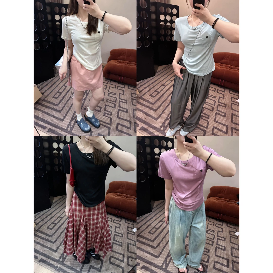 晶咕【绵绵冰】时尚休闲夏季韩系薄款简约小口袋纽扣短袖T恤