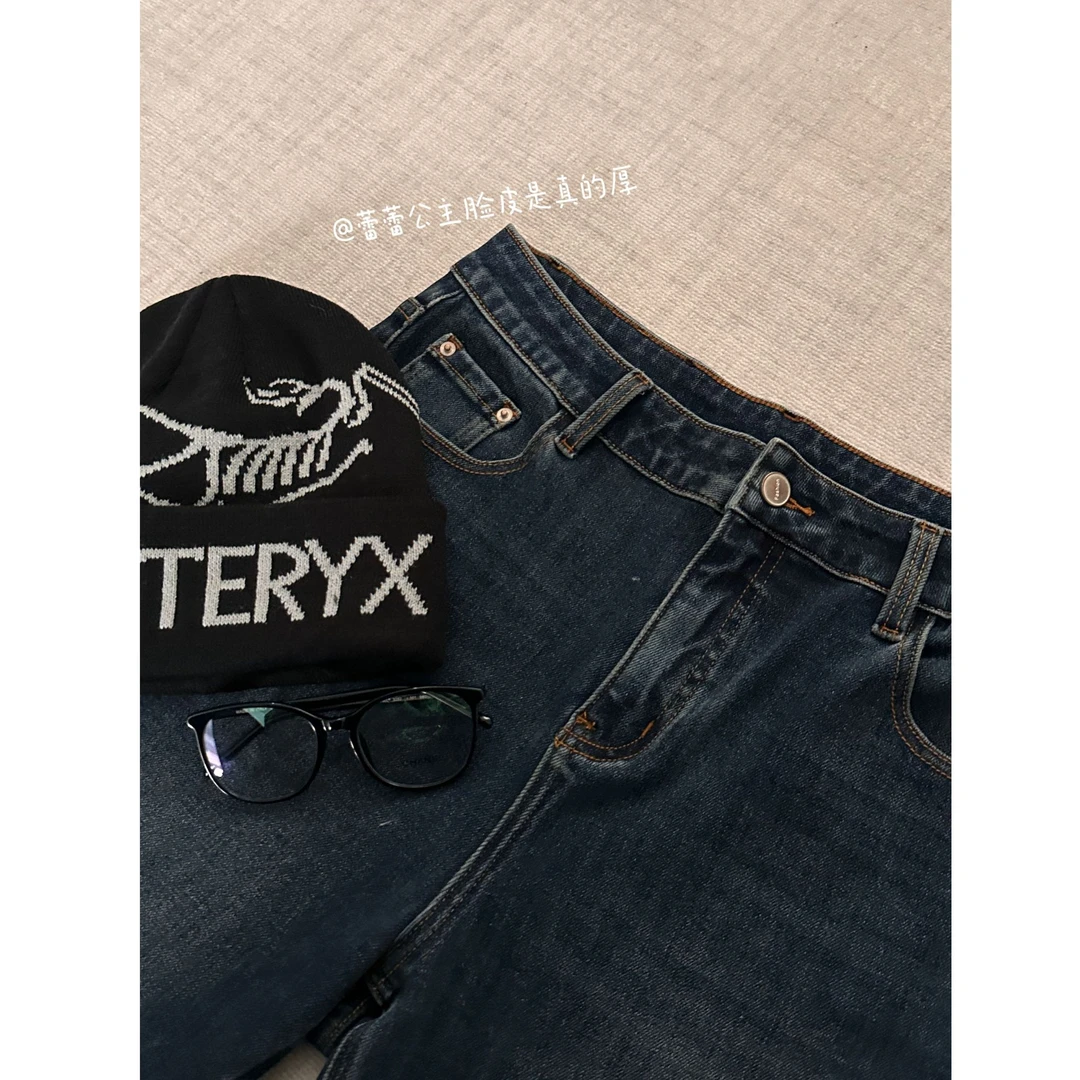 晶咕【瘦腿魔法裤】韩系复古深蓝高腰微喇直筒显瘦牛仔裤百搭