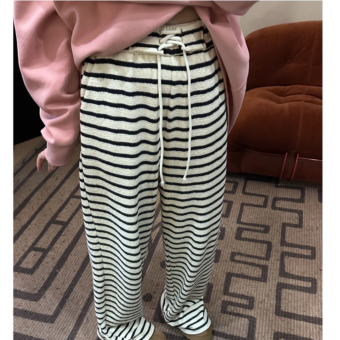 晶咕【条纹圈圈裤】直筒休闲宽松拖地时尚学院风条纹阔腿裤