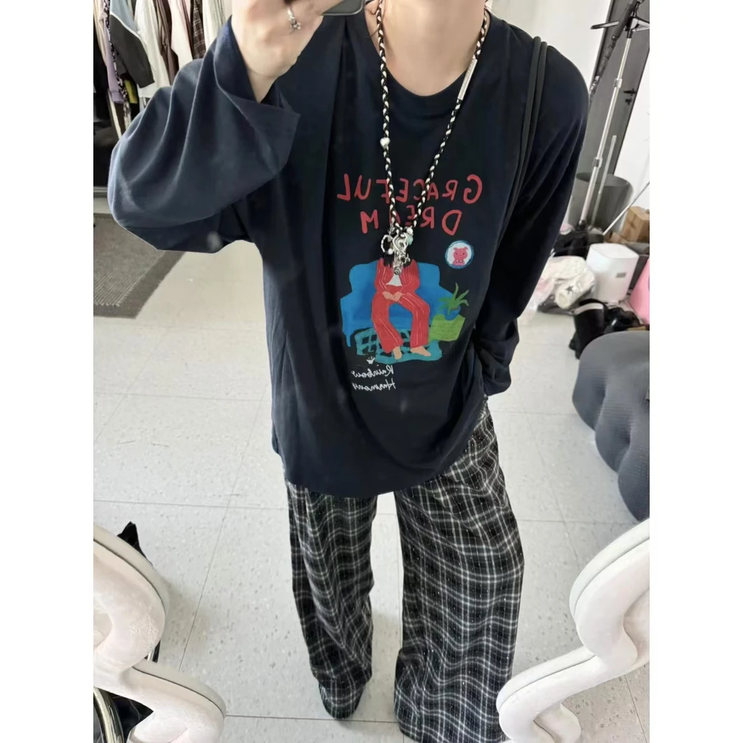 晶咕【放轻松~】韩版胸前趣味印花人像圆领套头长袖休闲上衣