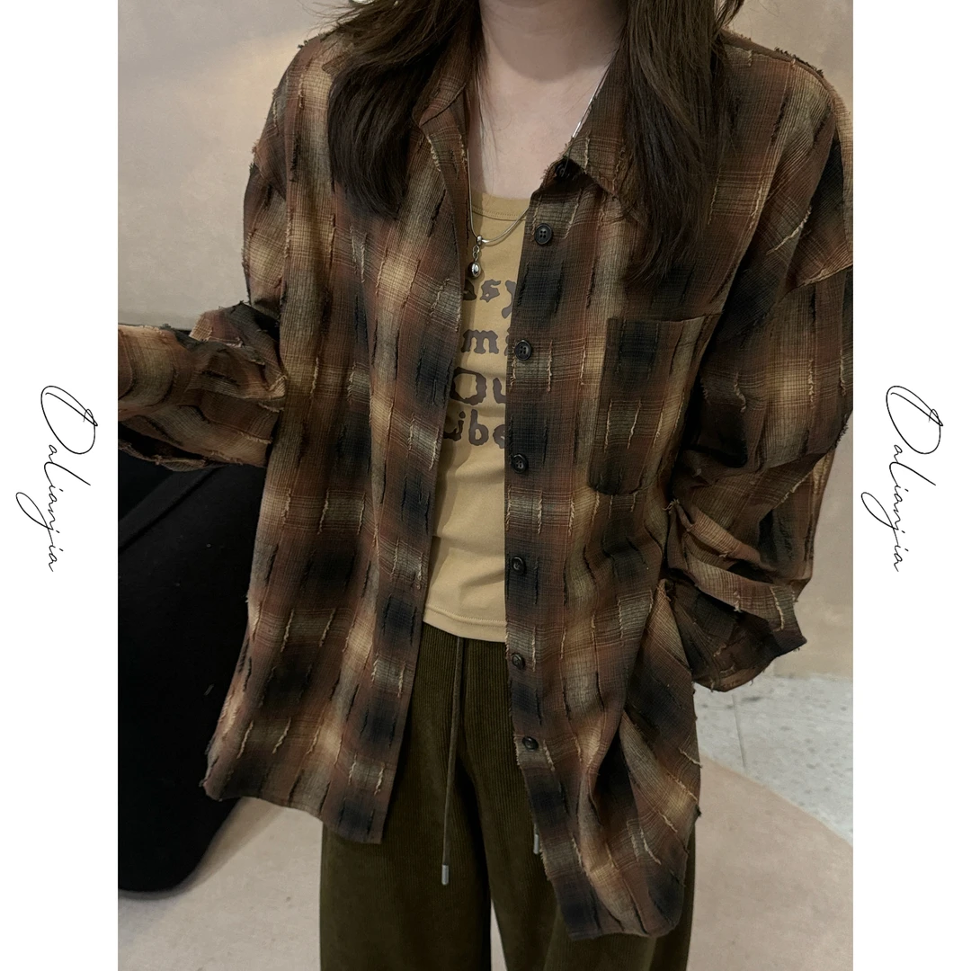晶咕【浪漫韩剧】复古宽松格纹慵懒休闲衬衫+背心两件套长袖秋