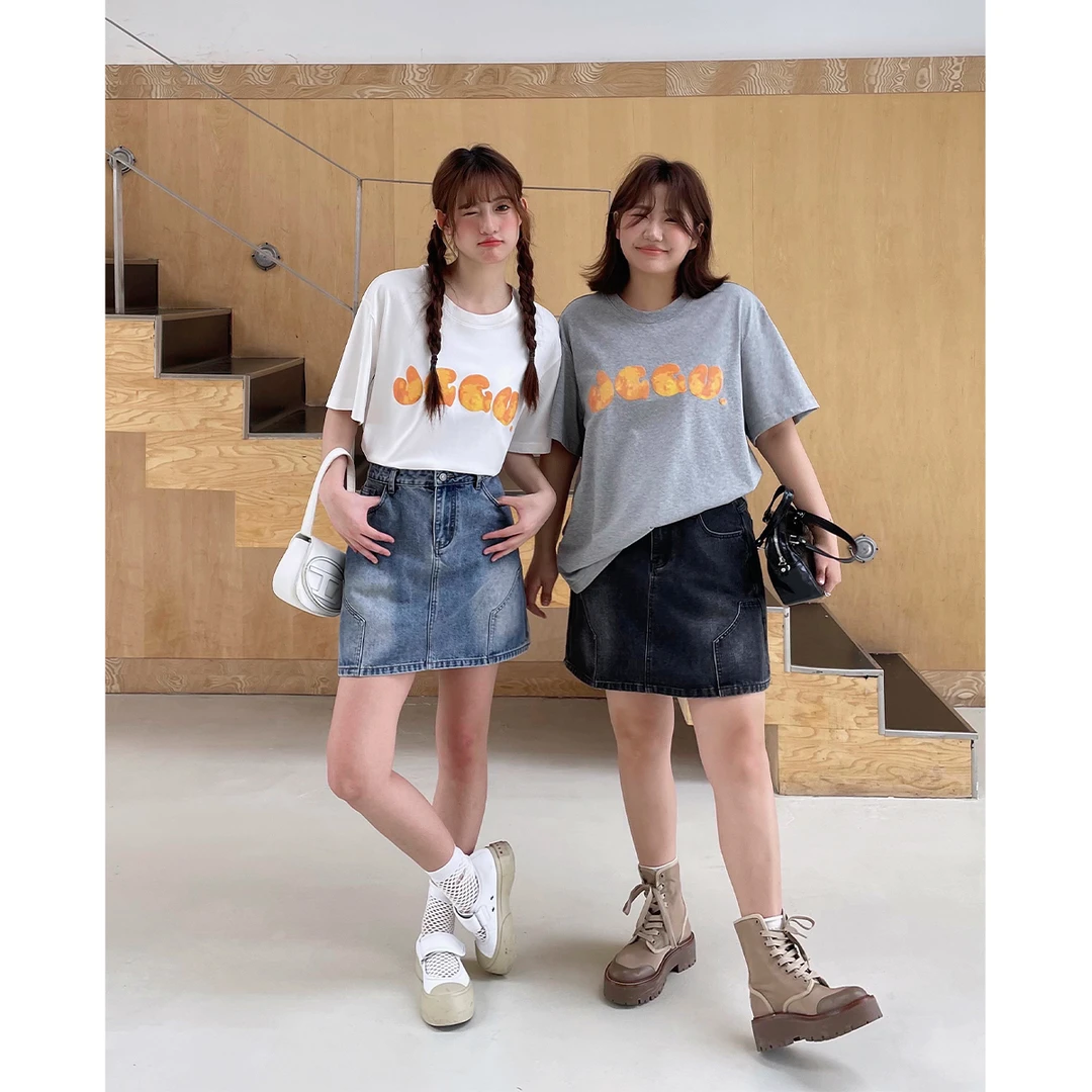 晶咕白标~胸前彩色JGGU印花短袖T恤女春季大码百搭宽松上衣