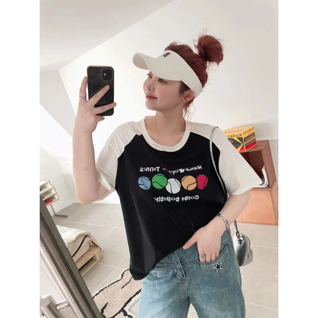 晶咕蕾蕾「球场之旅」街头潮搭字母篮球双拼色T恤短袖上衣运动时尚