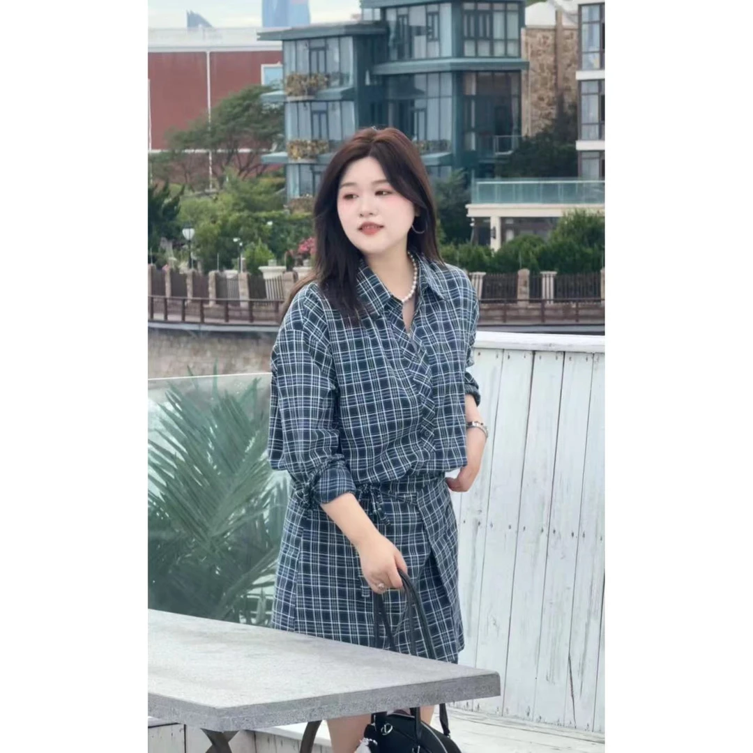 晶咕佳佳【海滨邂逅】复古格子系带假两件长袖衬衫裙显瘦气质时尚