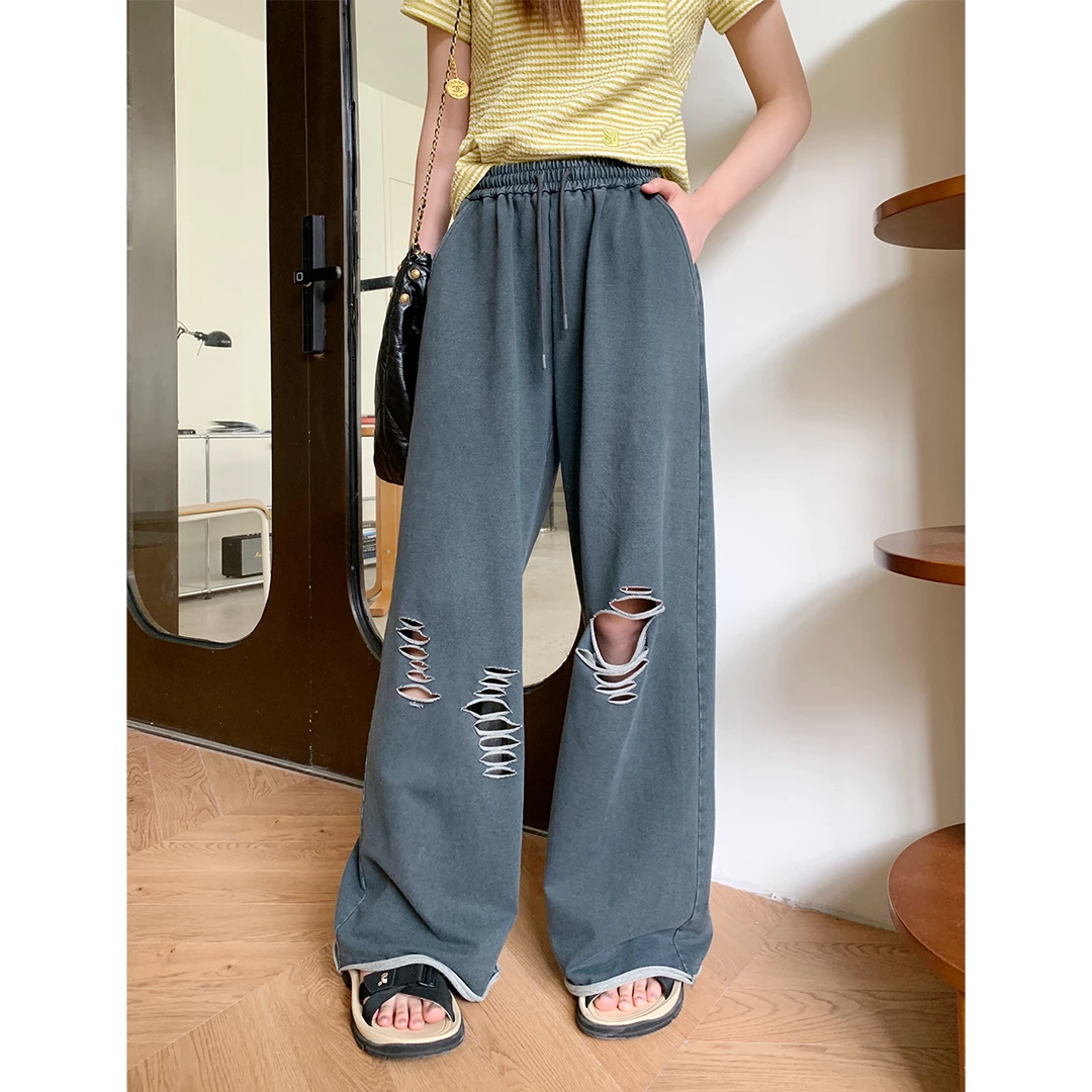 晶咕白标~长款复古做旧破洞直筒休闲裤女夏季大码宽松阔腿裤显瘦