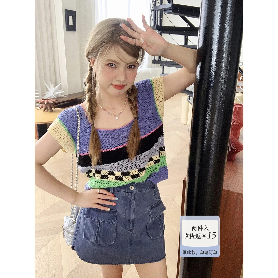 晶咕白标~霓虹茉莉～拼色镂空针织上衣宽松条纹日常百搭外穿洋气