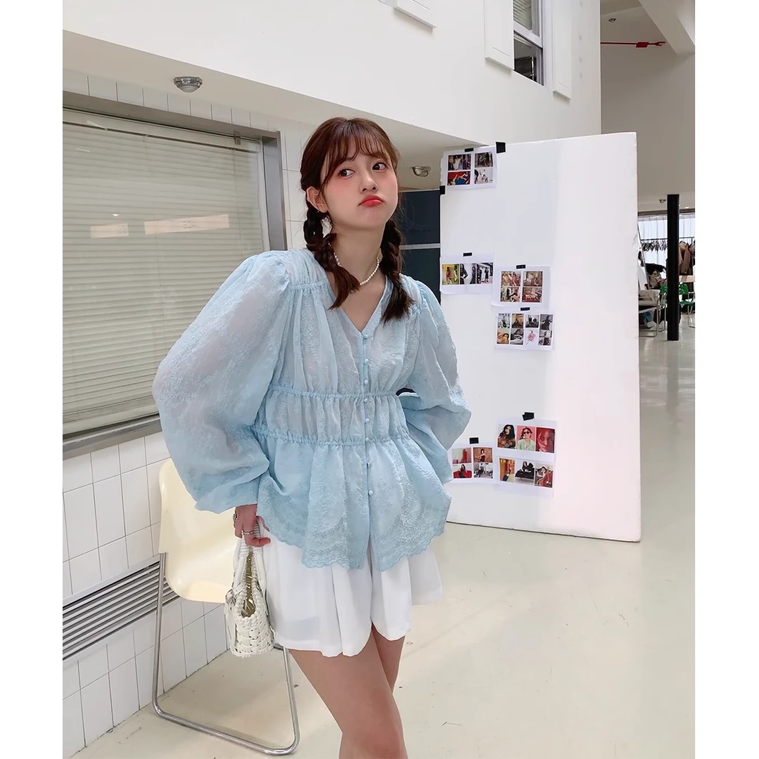 晶咕白标~蕾丝上衣女夏季2023新款时髦设计感刺绣钩花V领长袖小衫